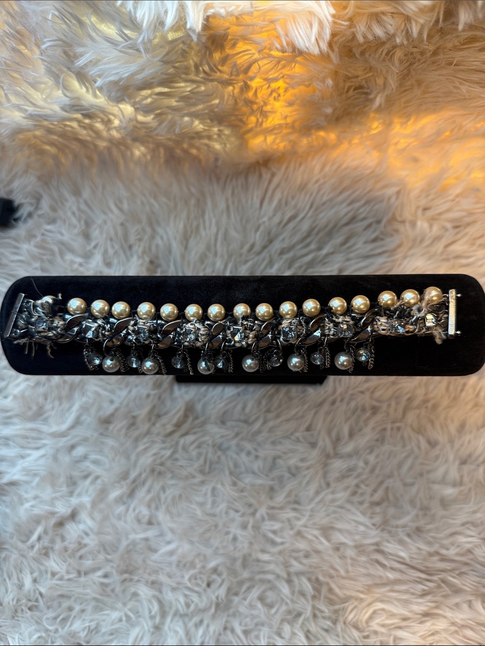 Gunmetal Chain W/ woven fabric, Rhinestones, Pears, Hanging Chain,  Pears NWOT